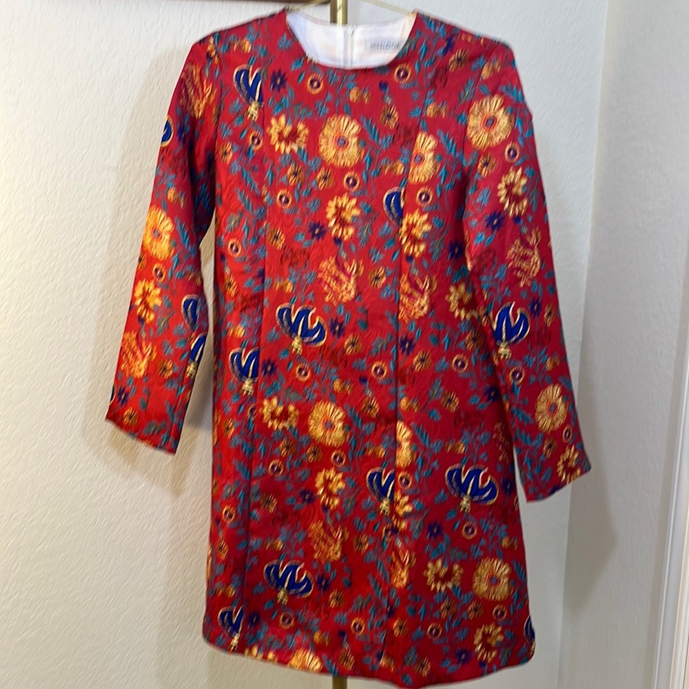 Misslook, red ground, floral, textured dress. Size M